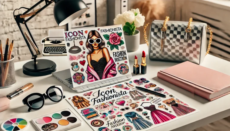 A vibrant arrangement of Icon Fashionista Stickers on a modern desk with stylish fashion accessories like a handbag, sunglasses, and a notebook.